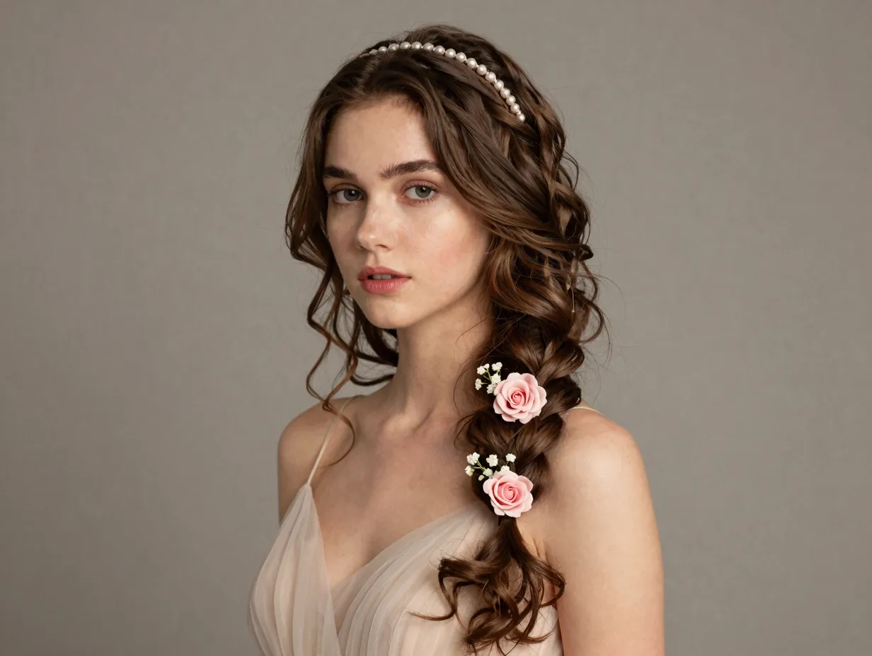 Romantic wavy lob half wrapped braid with tiny silk floral pins