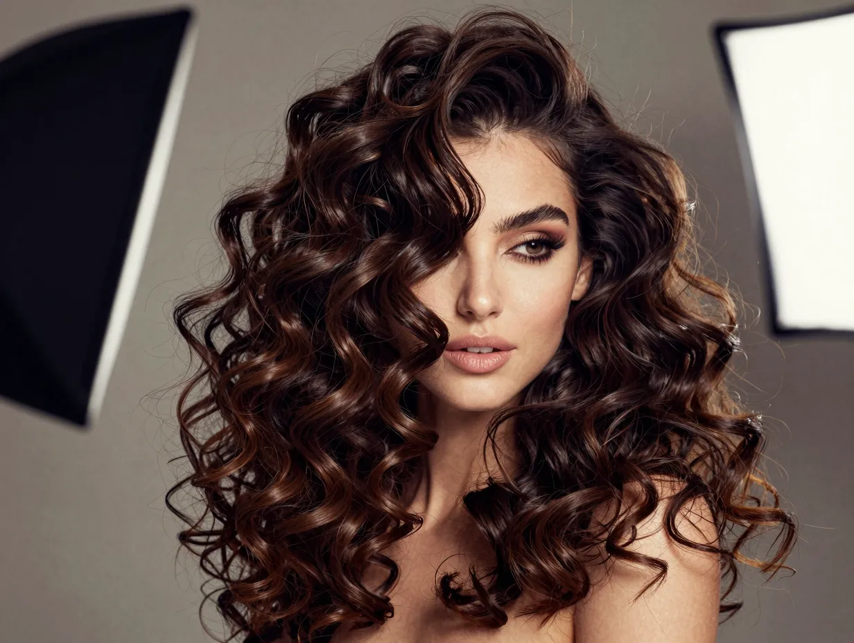 Voluminous bouncy romantic curls hairstyle with a deep side part