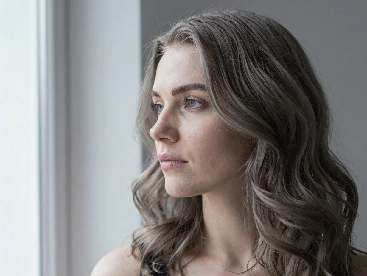 Ash brown hair woman with soft waves gazing away thoughtfully