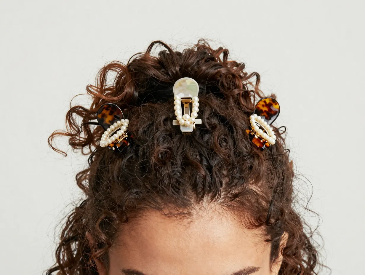 Diagonal three mini claw clip half updo on curly hair