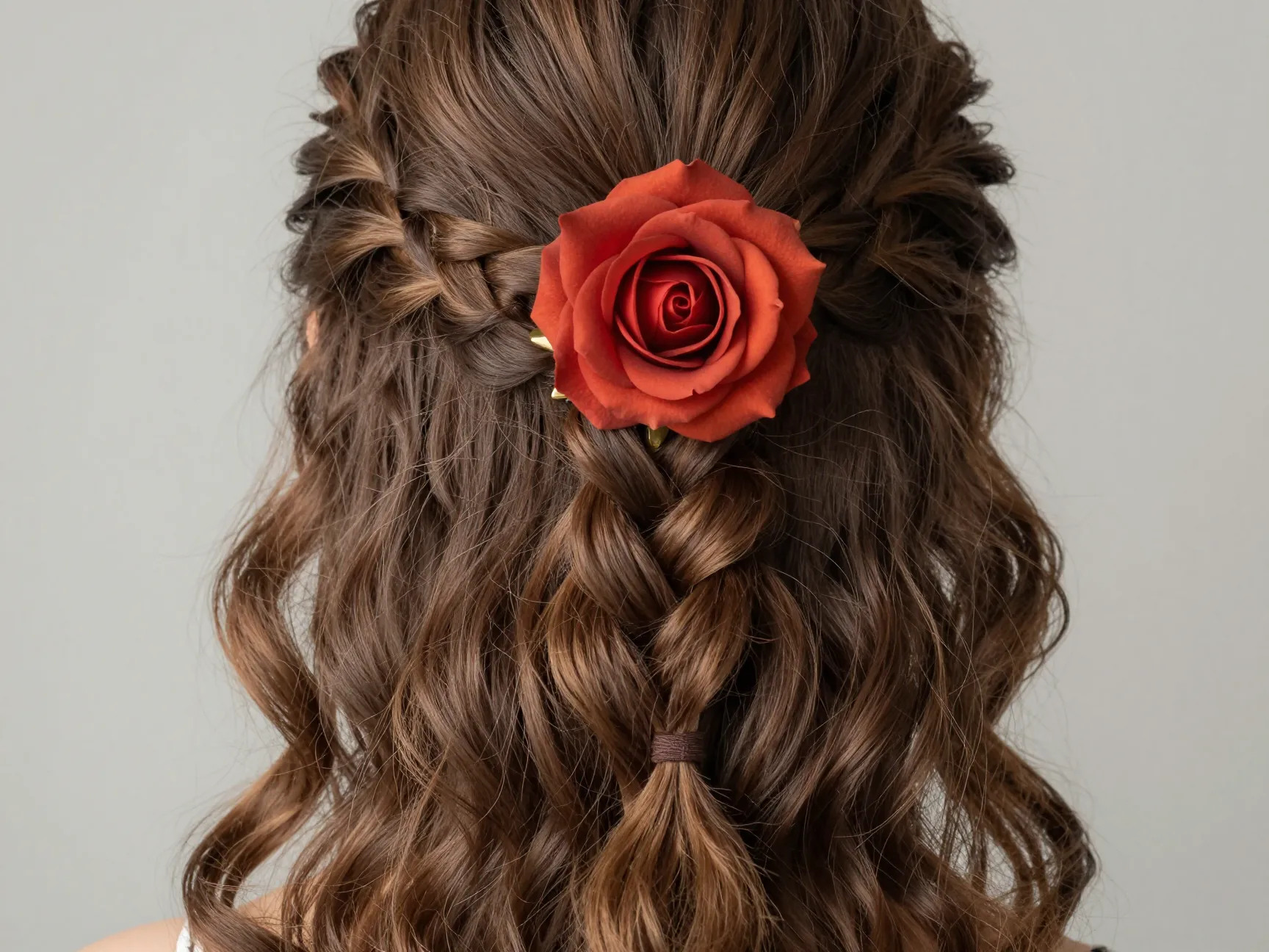 Fishtail braid with statement rose clip wavy hair date night
