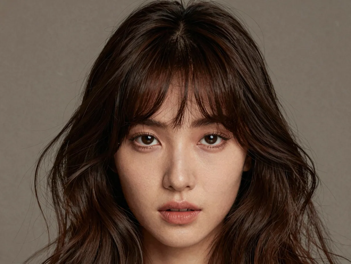 Long hair with retro curtain bangs swept upward and outward from face