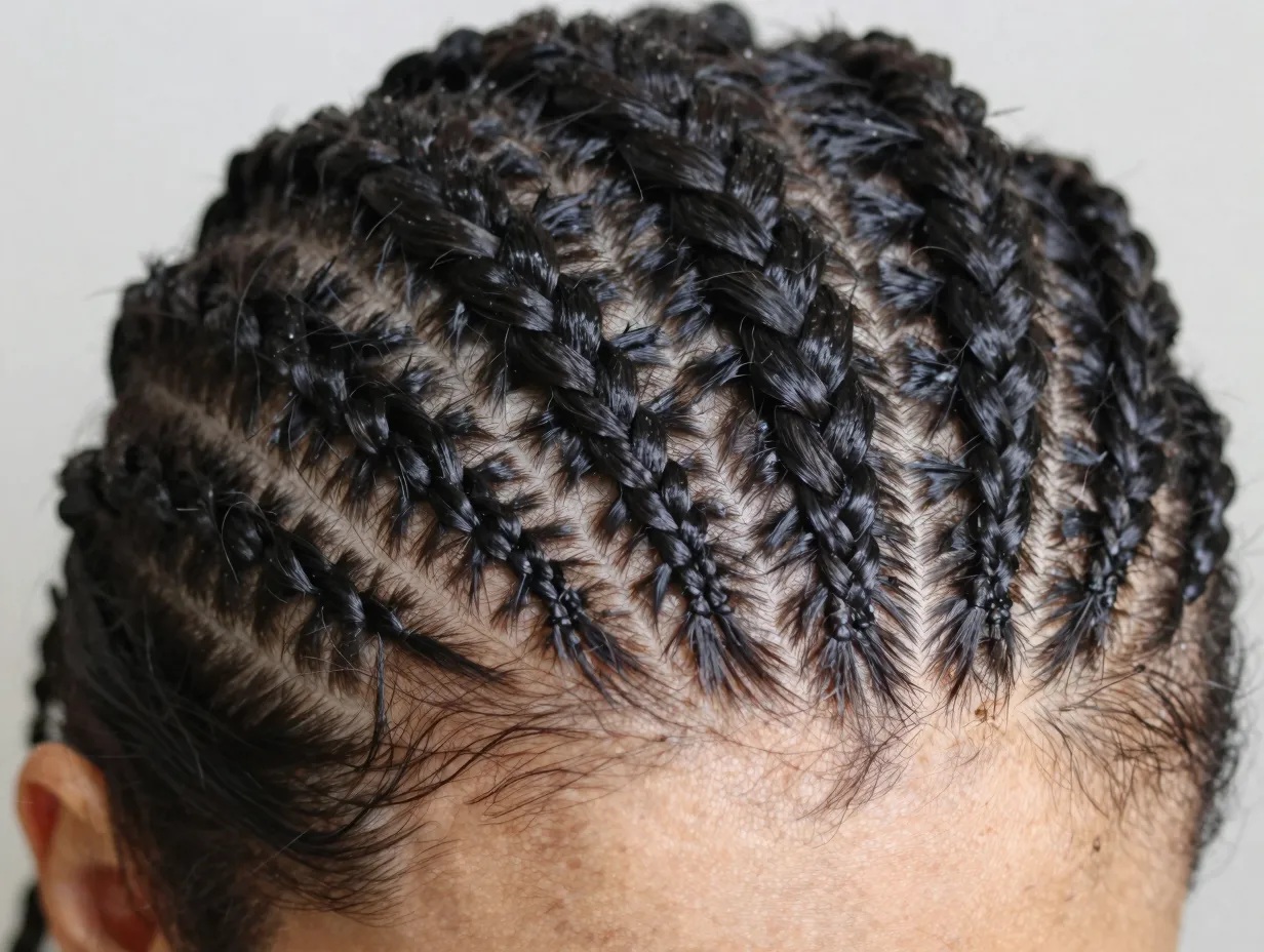 Many thin mini cornrows dense intricate braiding scalp oil