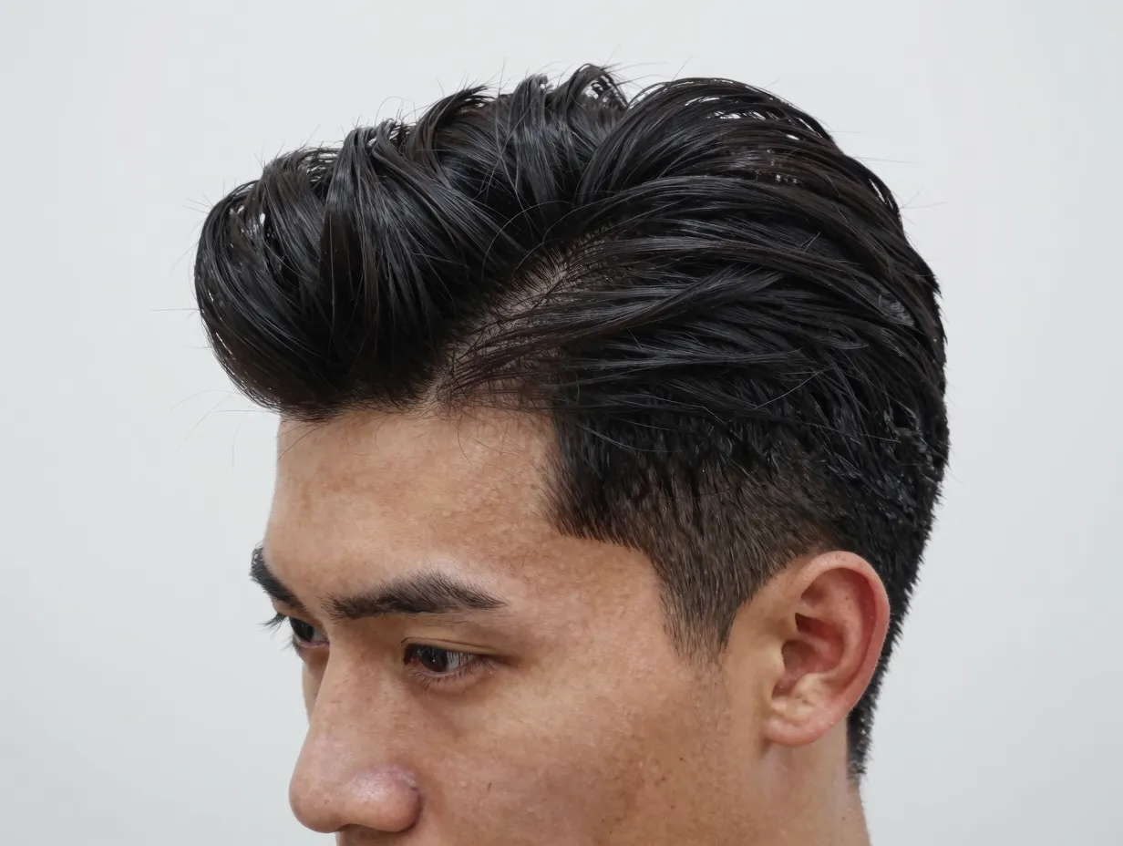 Side part quiff hairstyle on a male model with voluminous lifted front