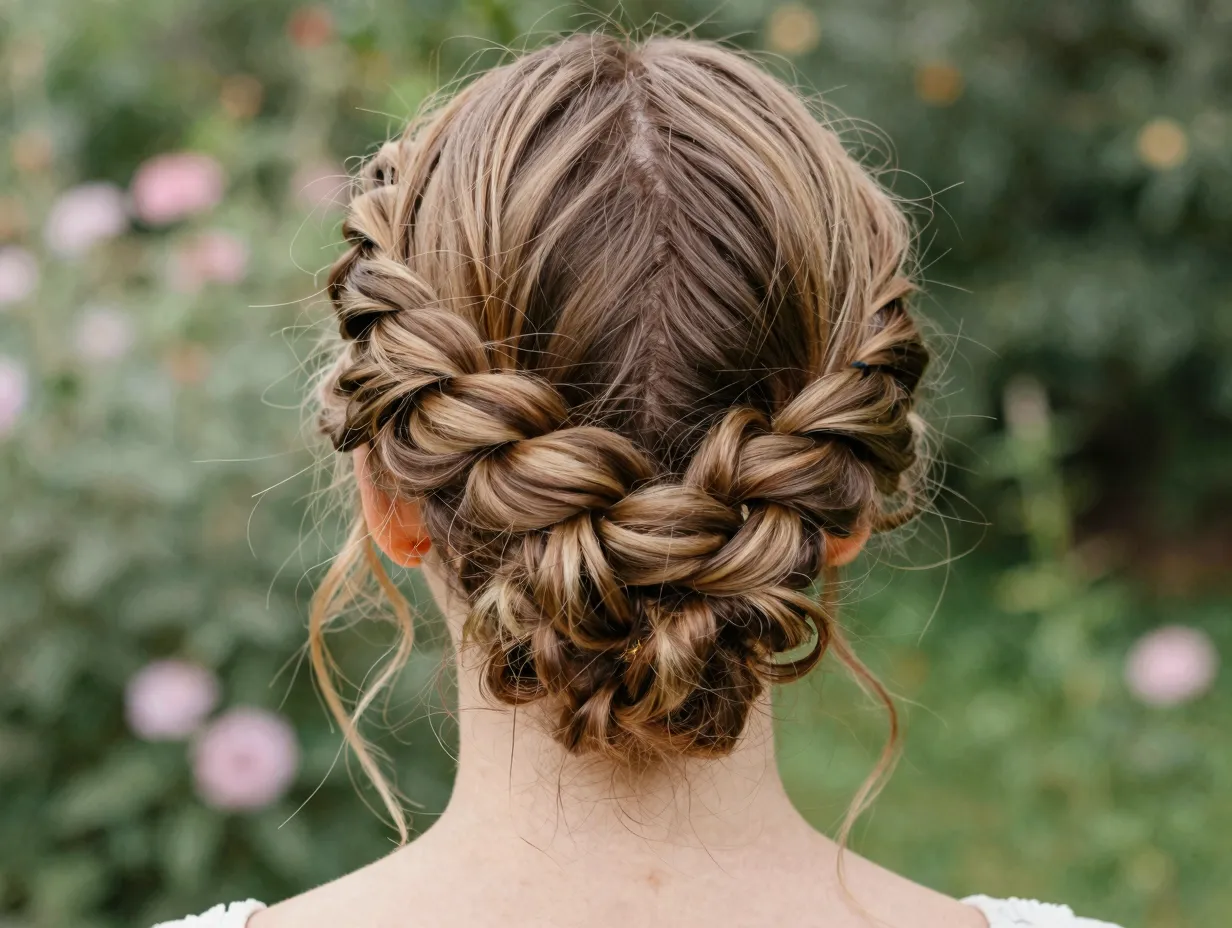 Whimsical romantic twin twist updo hairstyle for a garden party
