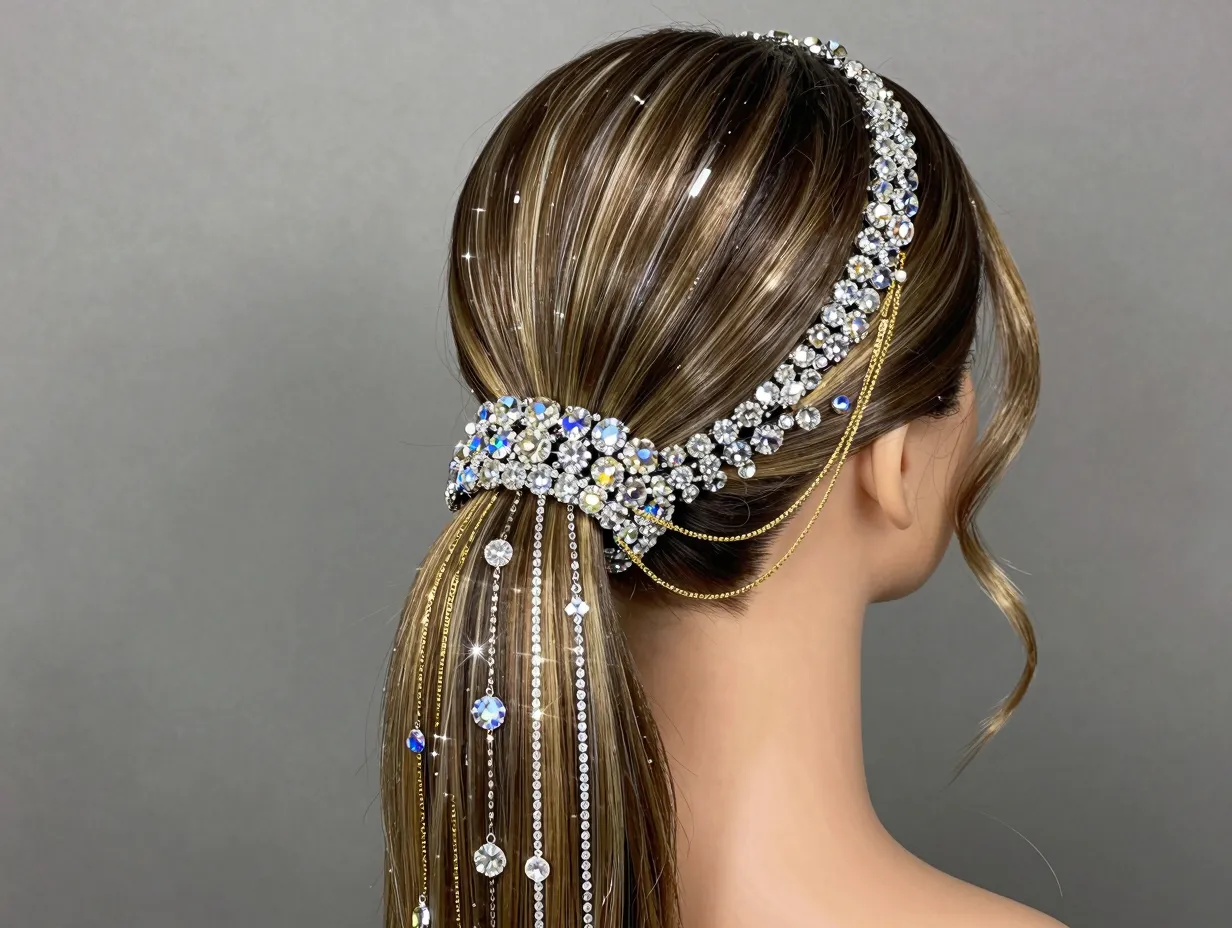 An embellished frontal ponytail with crystal accessories for a gala