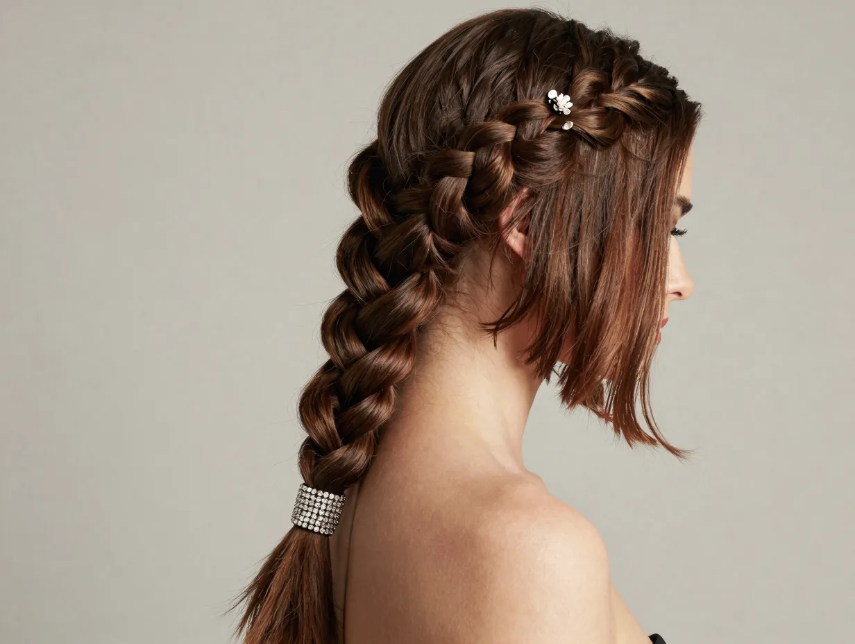 Big voluminous three strand side braid on bob with jeweled cuff