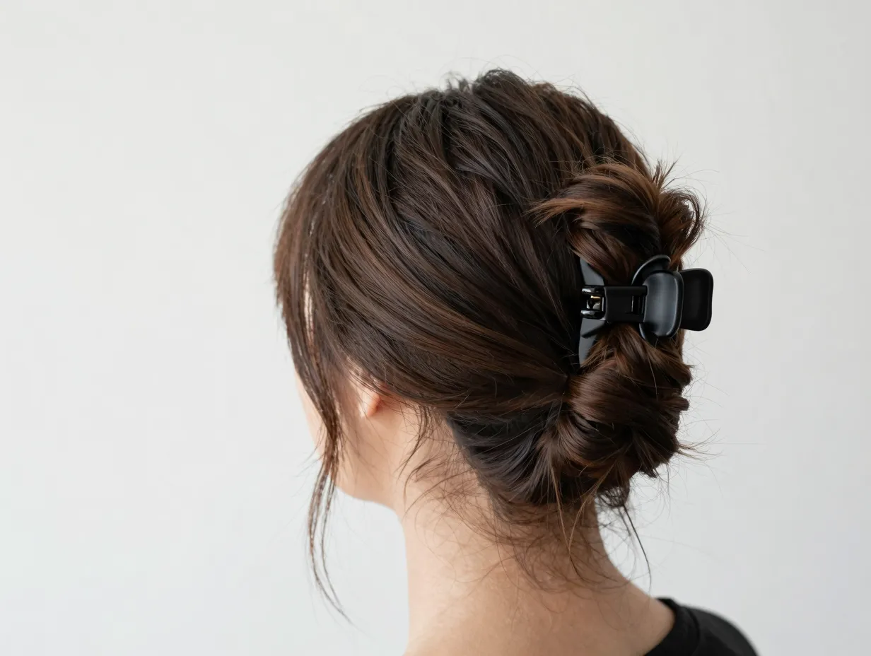 Effortless chic casual romantic updo secured with a matte black claw clip