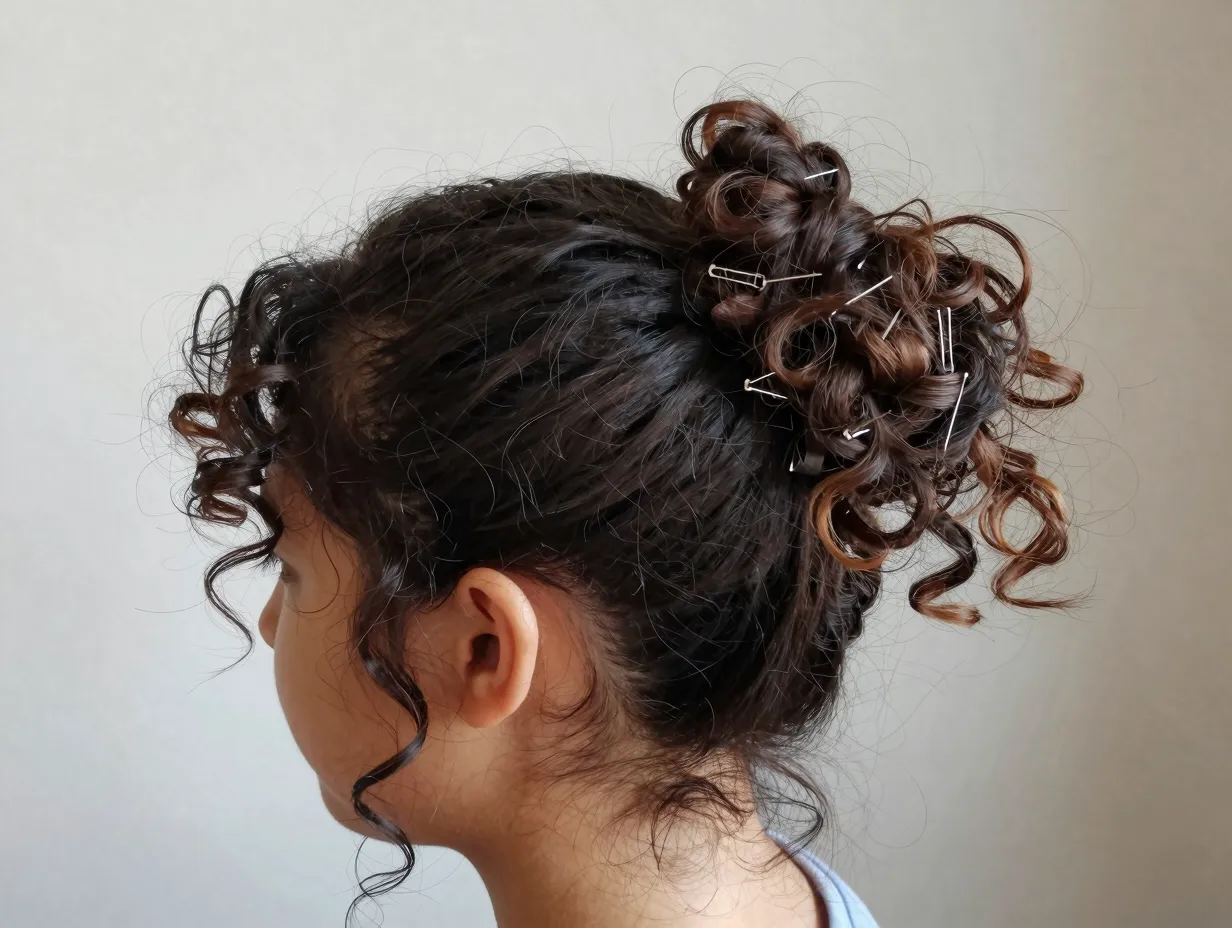 Messy high top bun with loose curly tendrils framing face