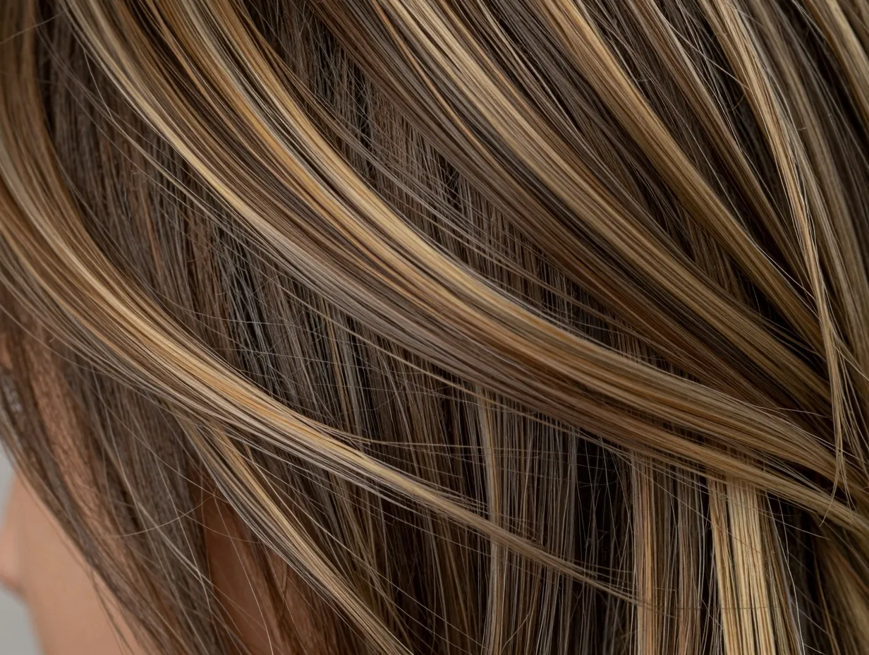 Mushroom blonde highlights on dark brown base close up detail