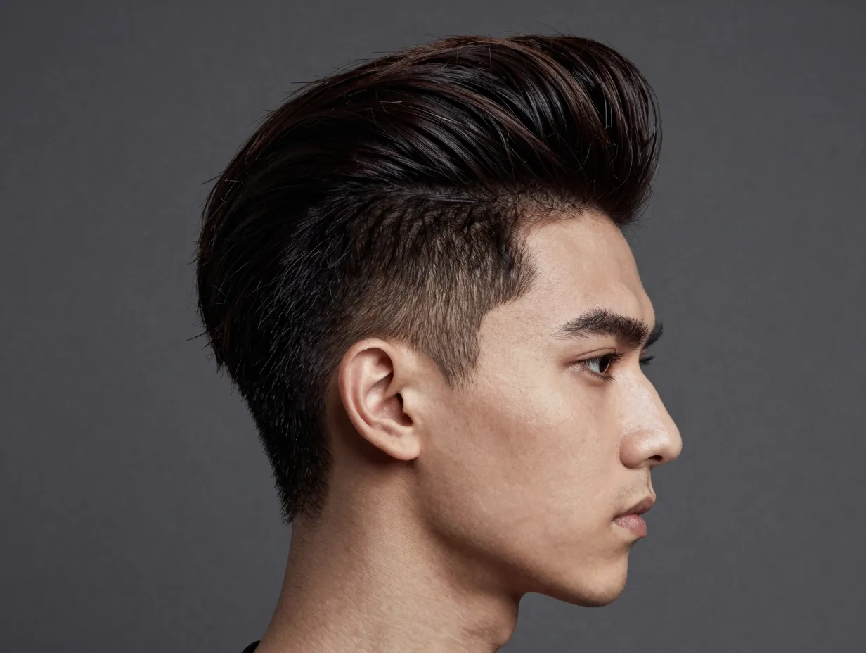 Side part pompadour with significant front height and smooth sides