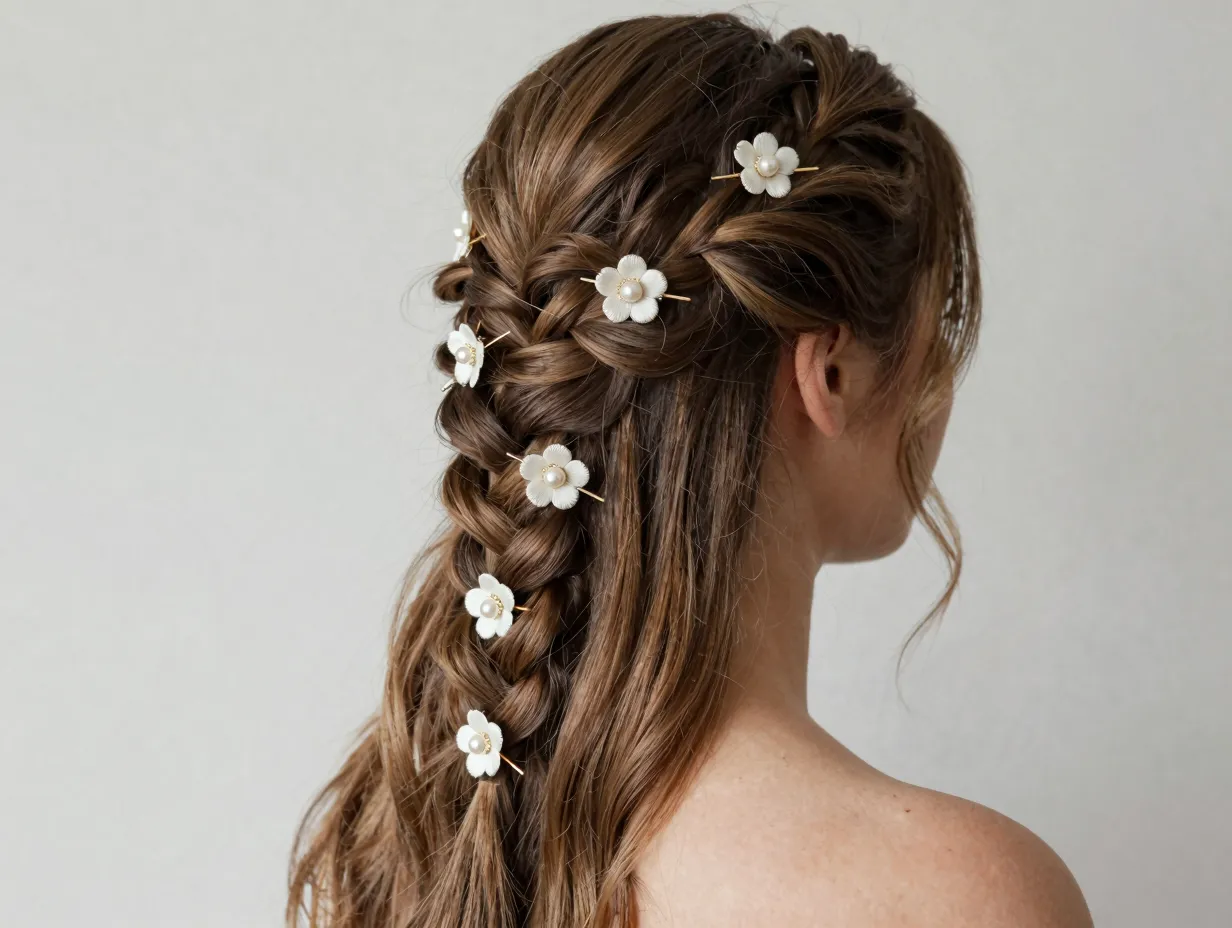 Waterfall braid with floral bobby pins straight hair romantic wedding