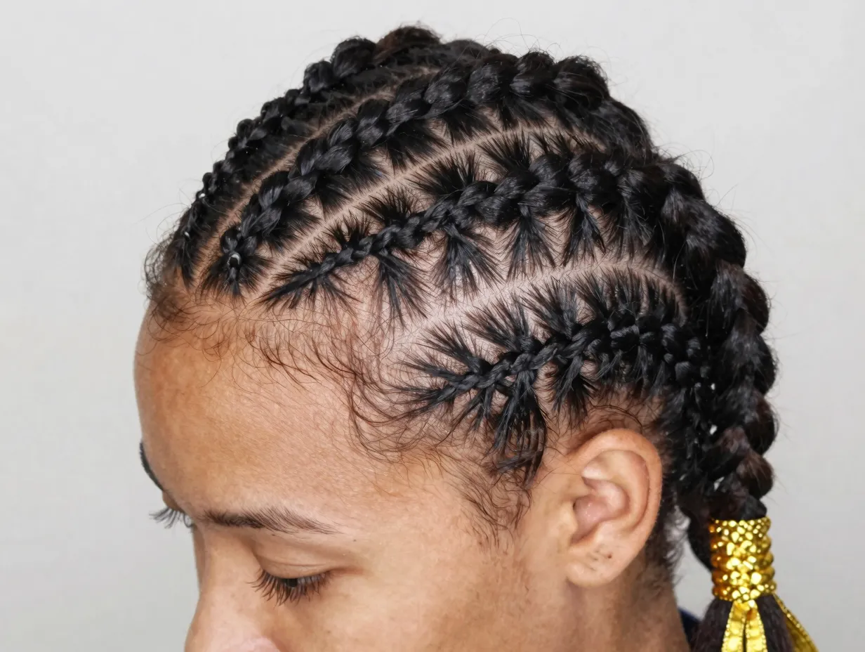 Zig zag parting lines between straight back cornrows gold cuff