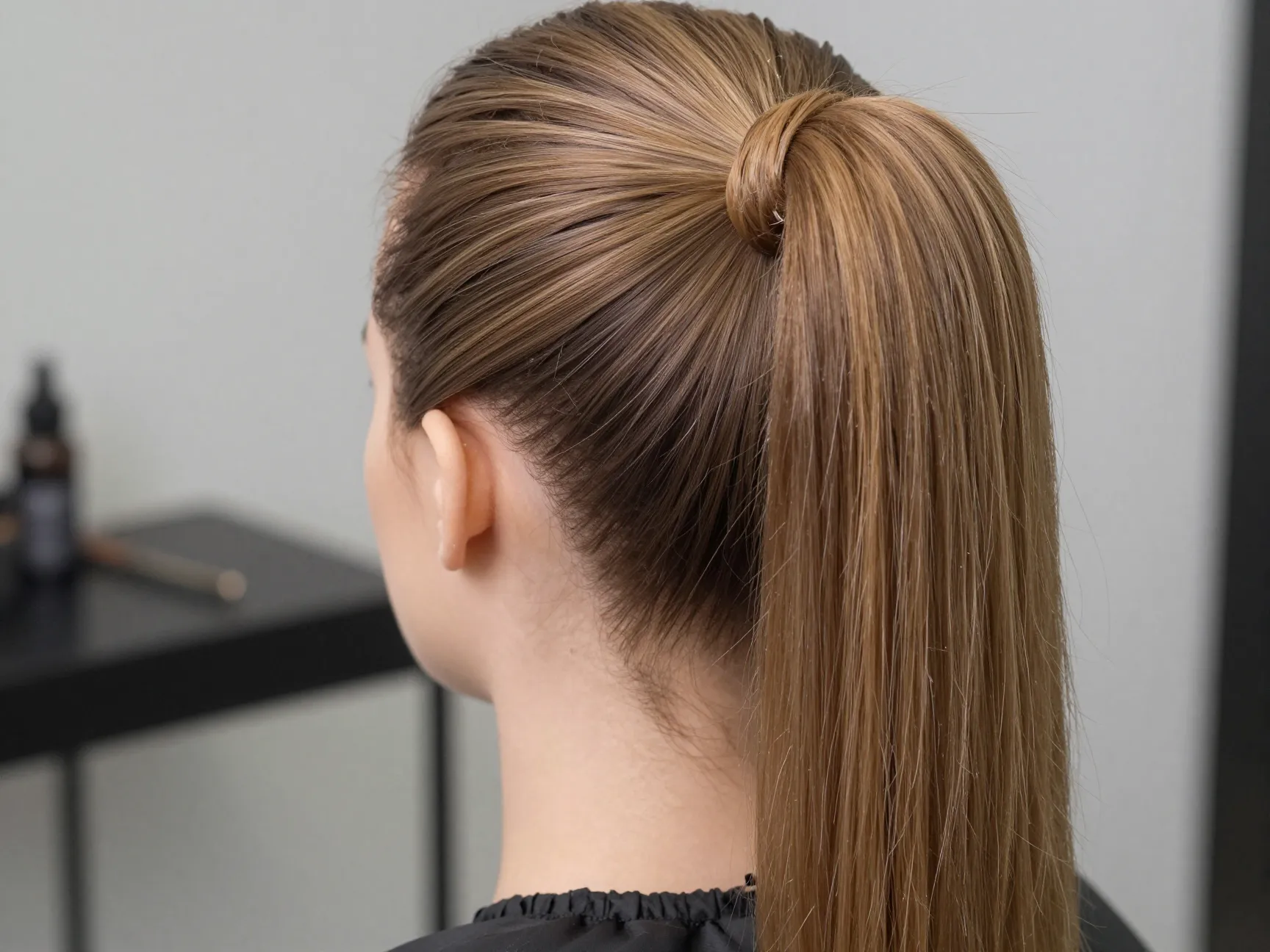 A refined wrapped base frontal ponytail with a straight hair wrap