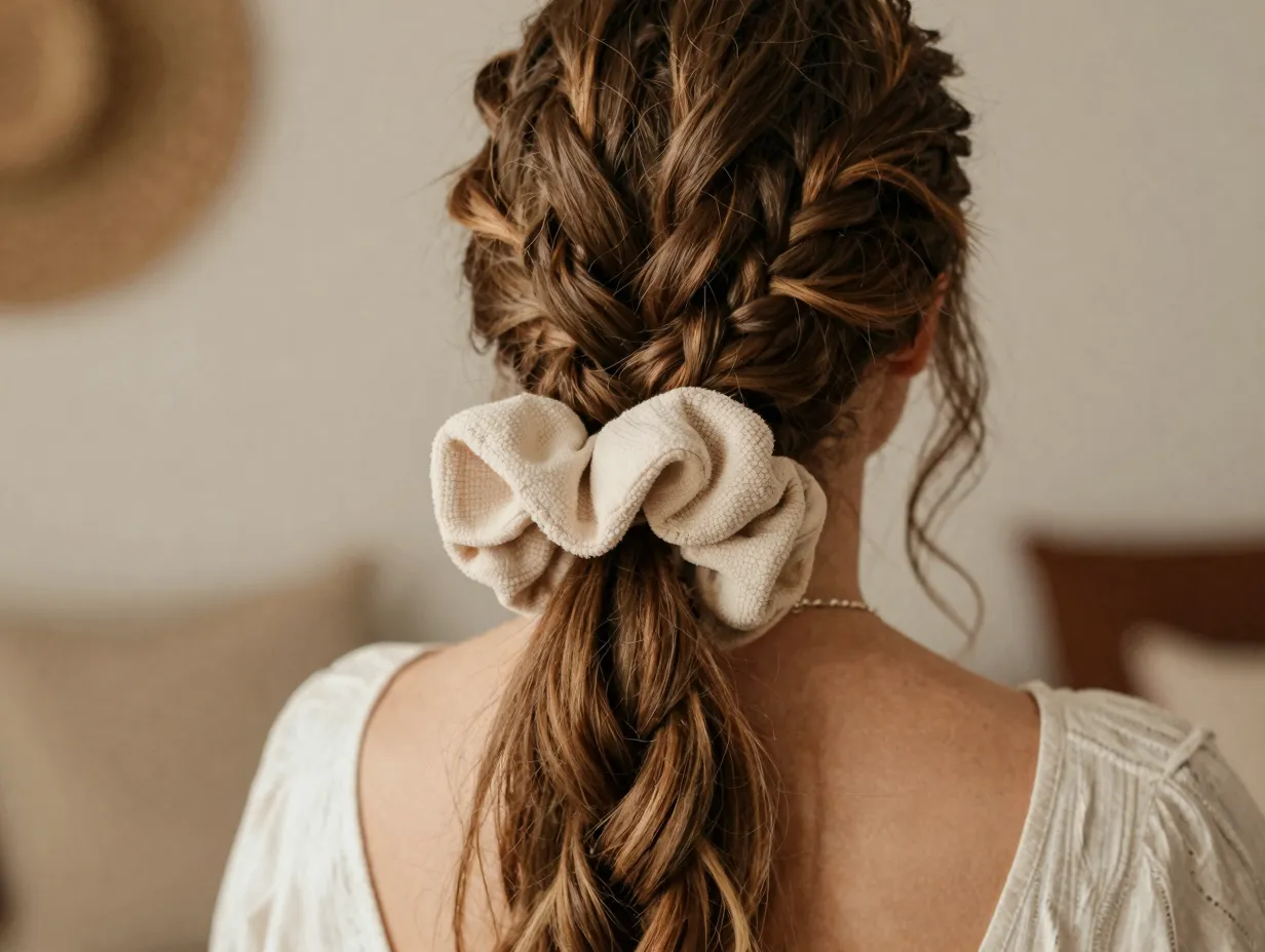 Boho romantic faux fishtail braid ponytail with an oversized scrunchie