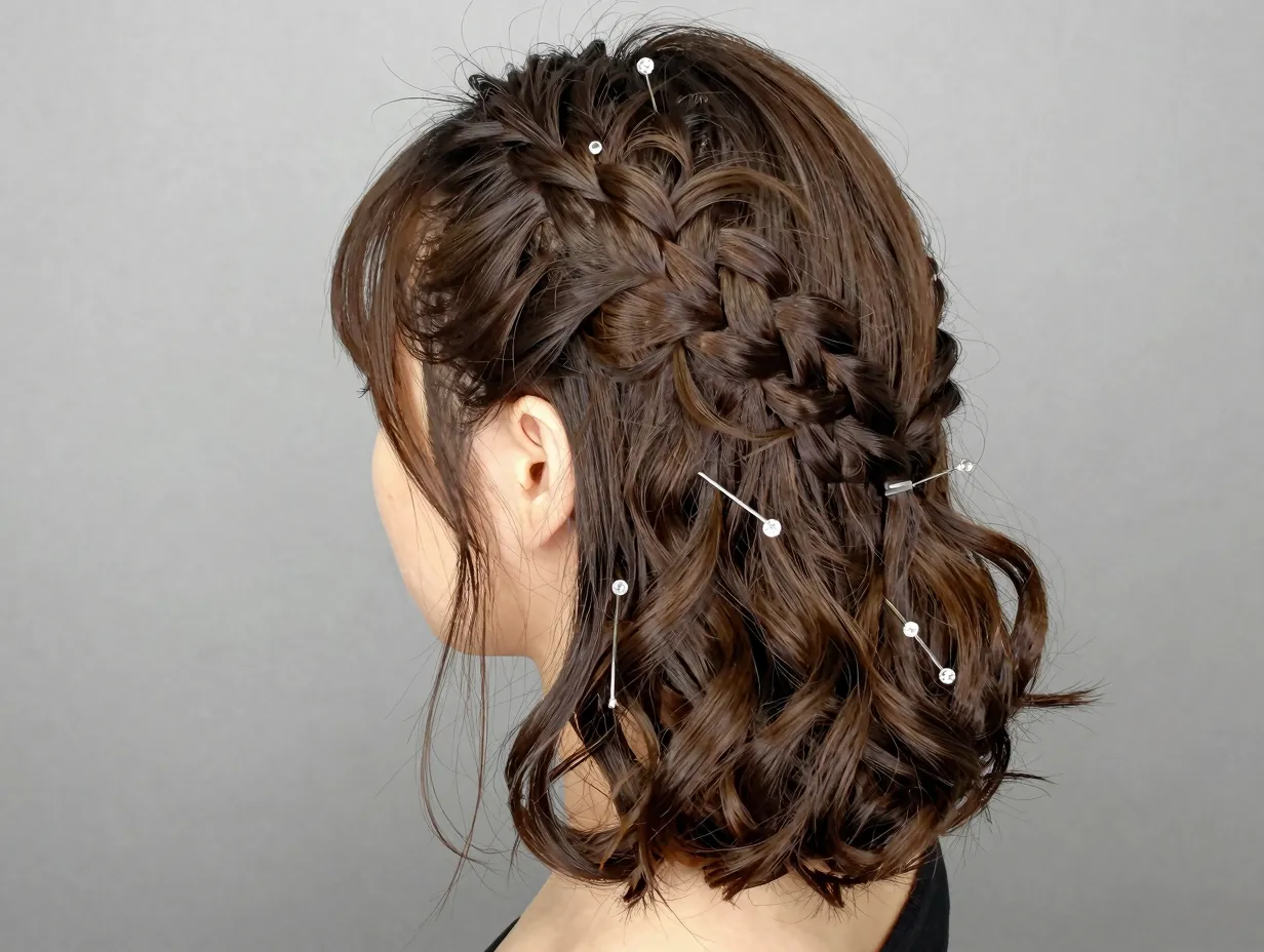 Chin length bob with intricate pull through braid and soft waves