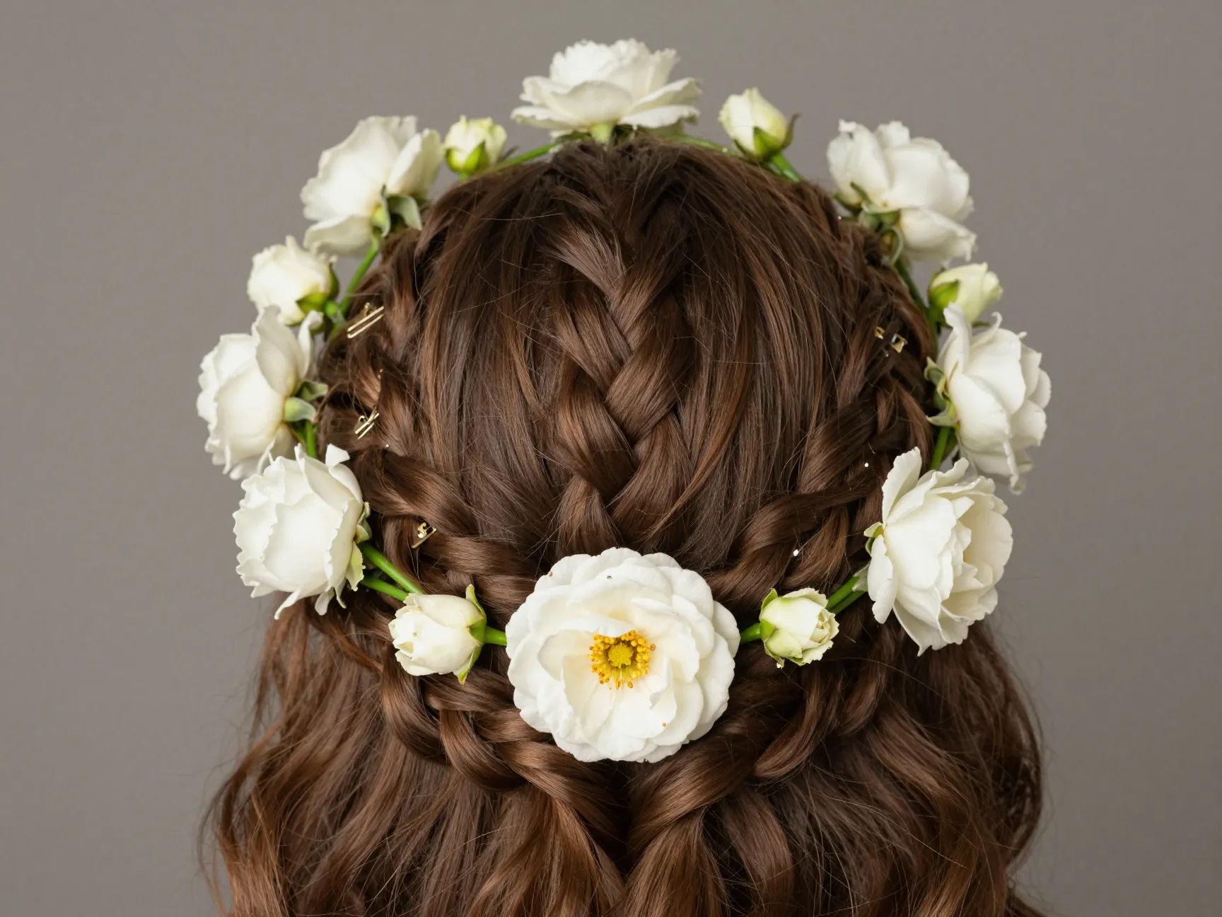 Crown braid with floral wreath effect medium thick hair formal halo