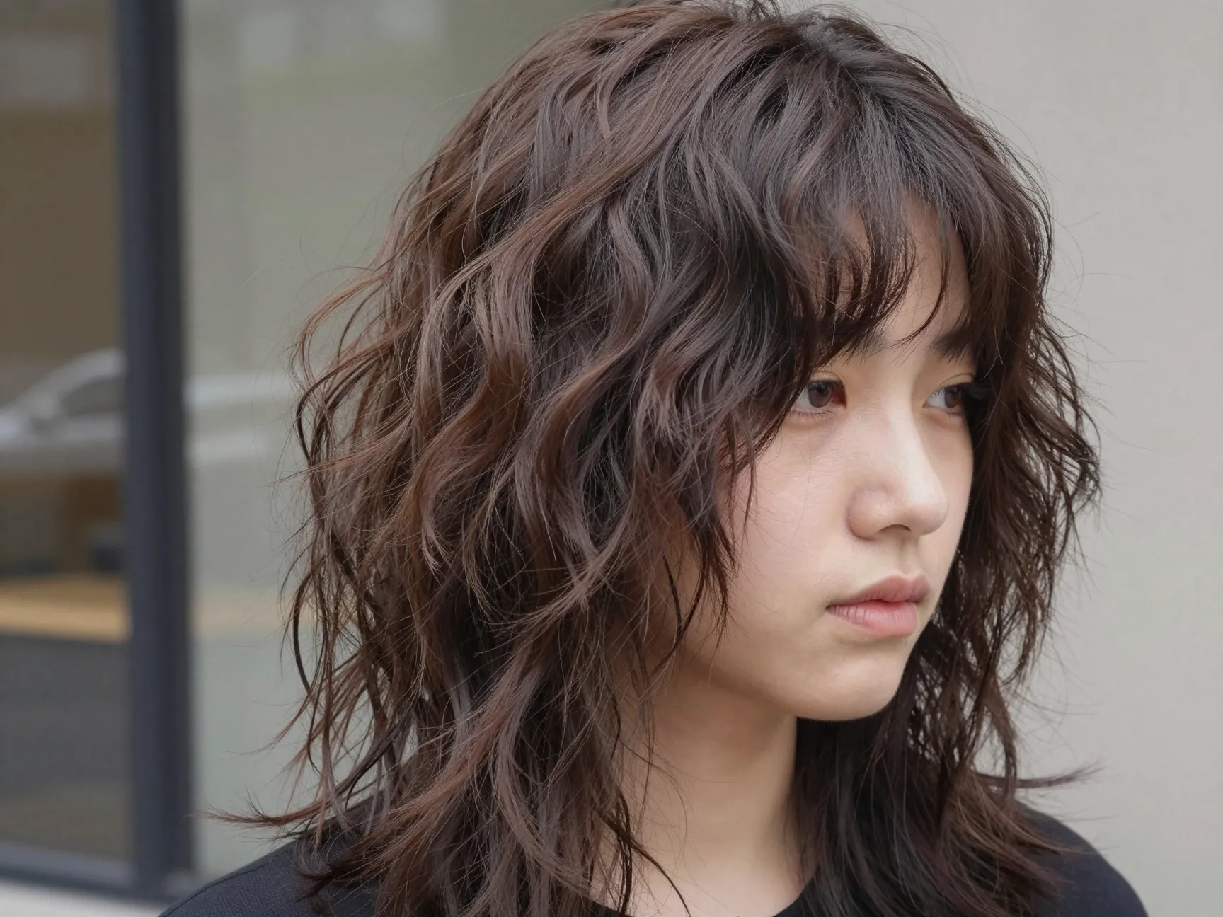 Grungy textured shag hybrid with short curtain bangs and air dried waves