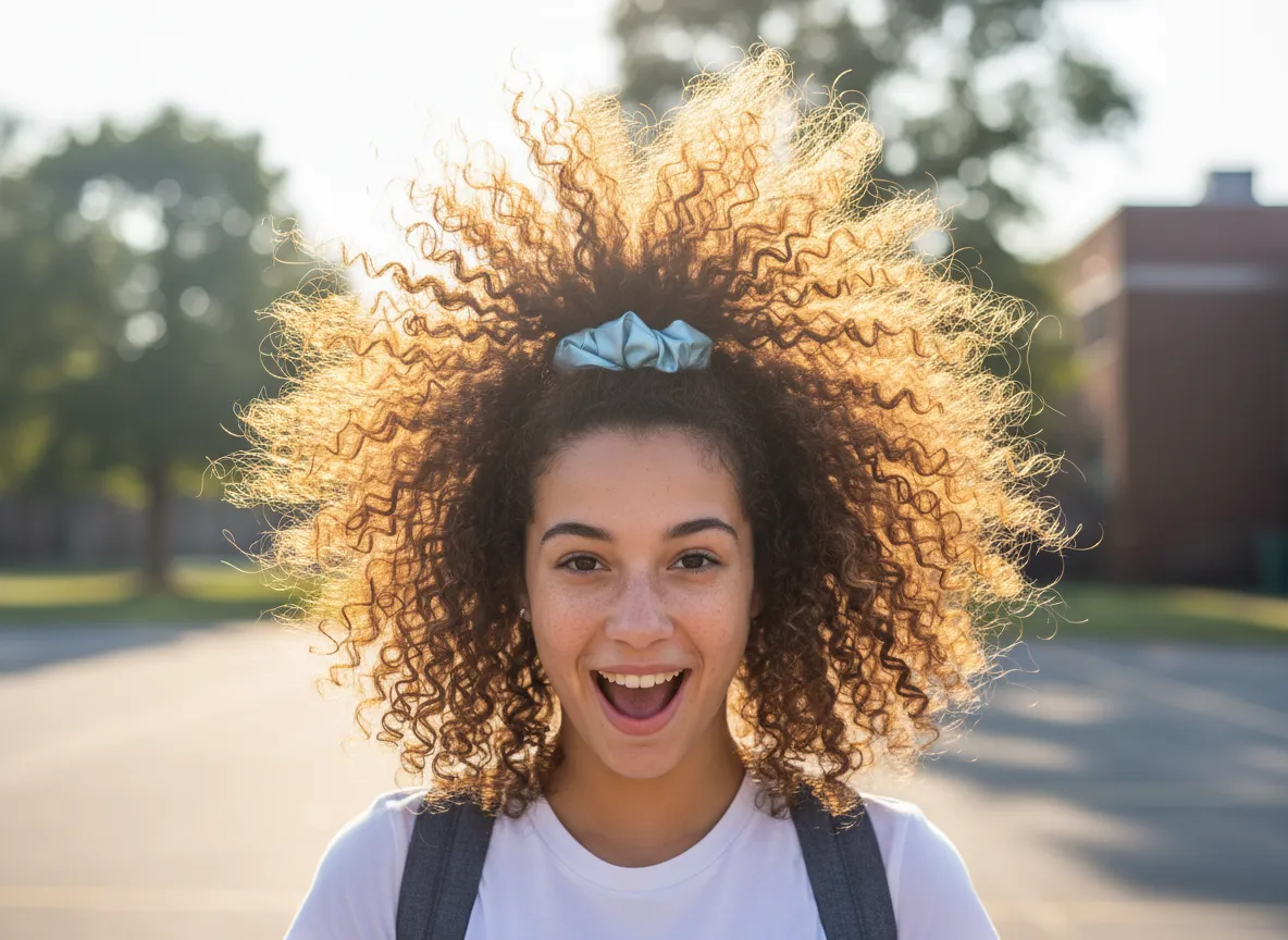 Pineapple hairstyle with loose cascading curls from crown