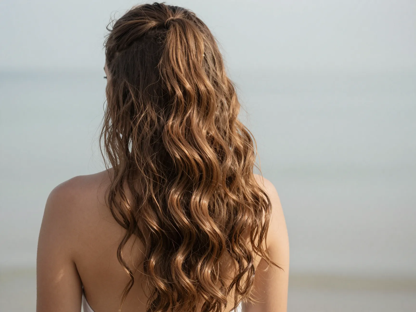 A long mermaid frontal ponytail with soft glossy beach waves