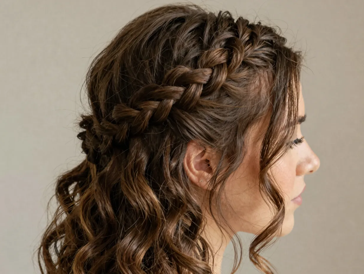Side swept braided side part with a french braid across the forehead
