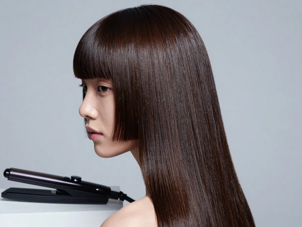 Sleek straight glossy hair with sharp graphic face framing layers