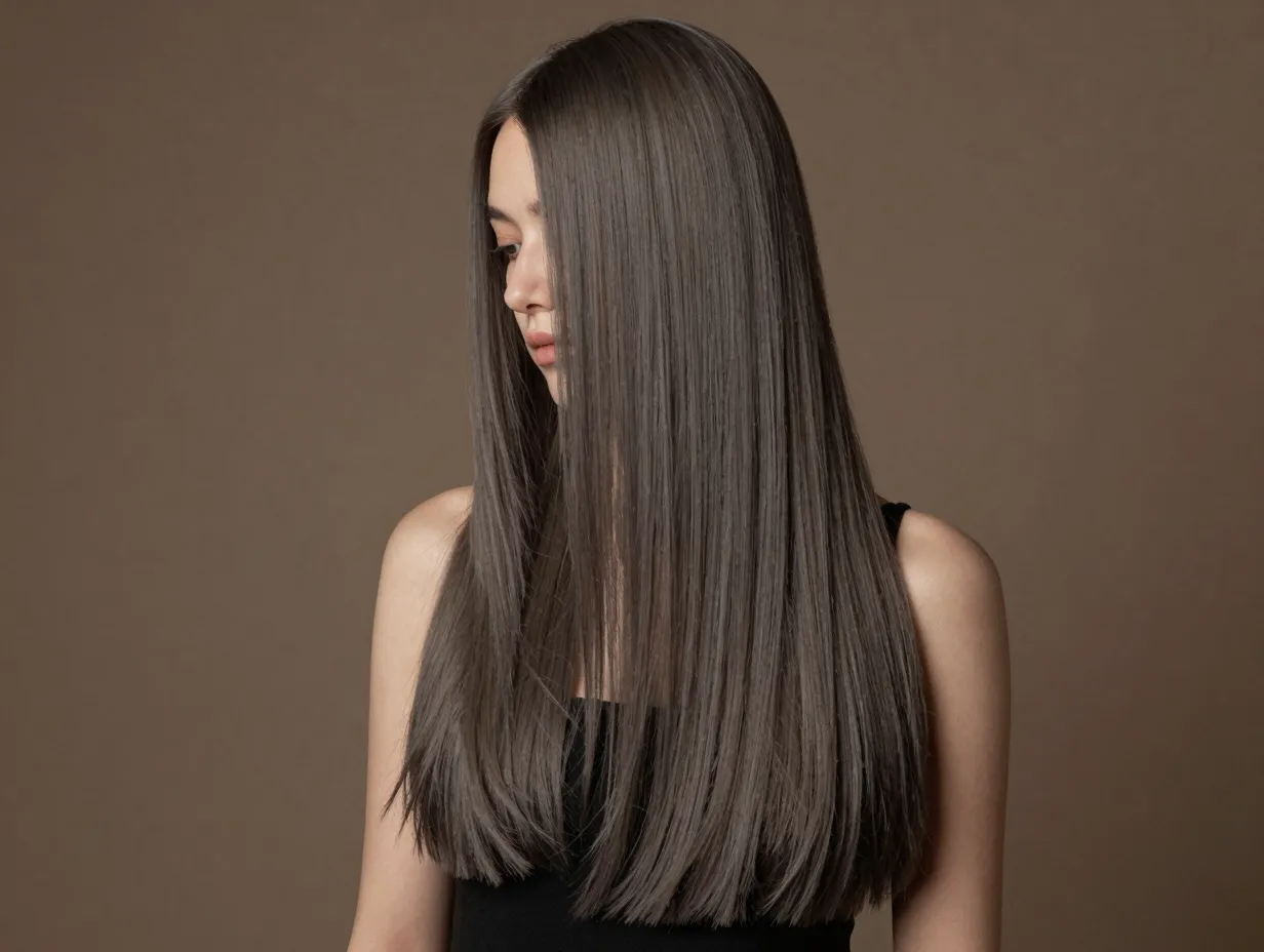 Soft ash brown hair model with cool grey smoky tone indoors