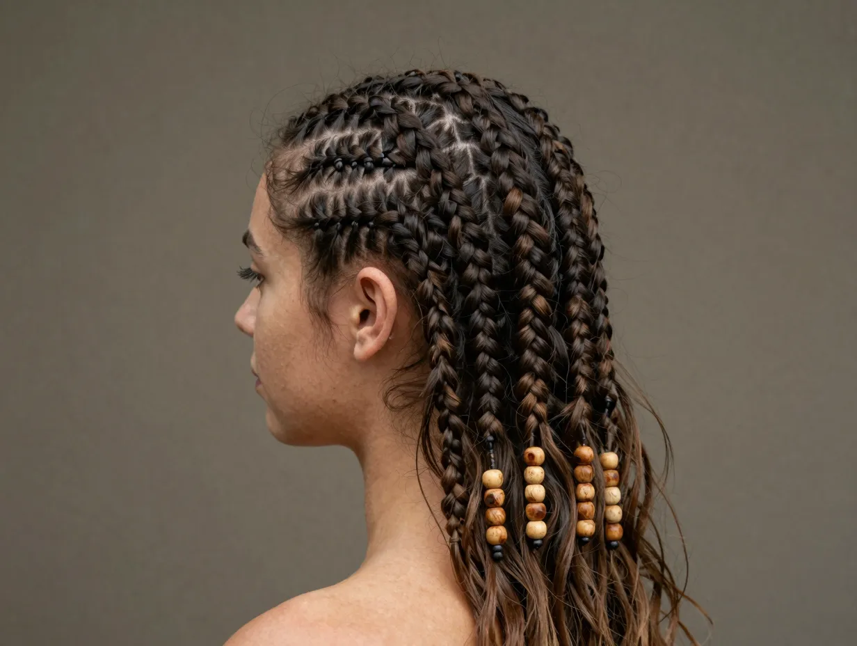 Straight back cornrows with wooden beads face framing tendrils