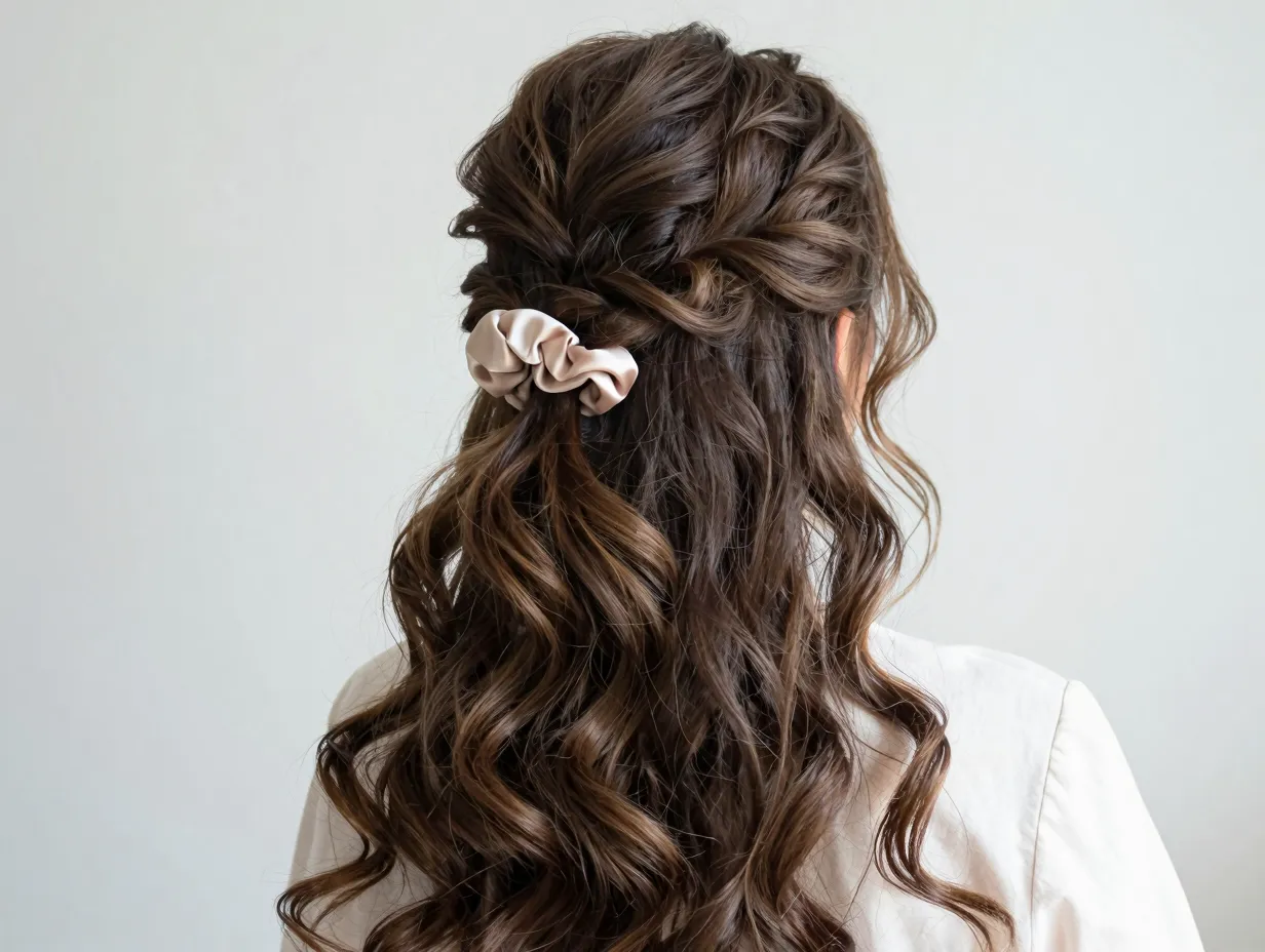 Versatile feminine romantic half up half down hairstyle with loose waves