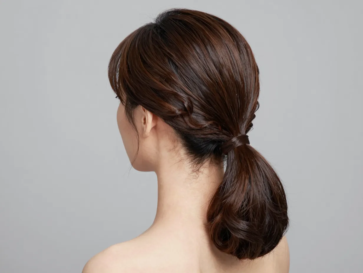 A sleek low frontal ponytail at the nape with volume for professional setting