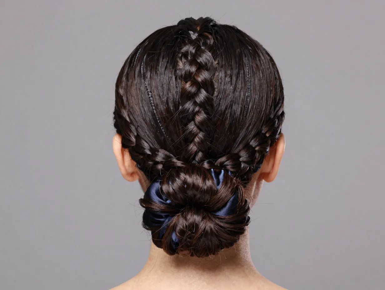 Cornrows gathered into a low bun at nape satin scrunchie