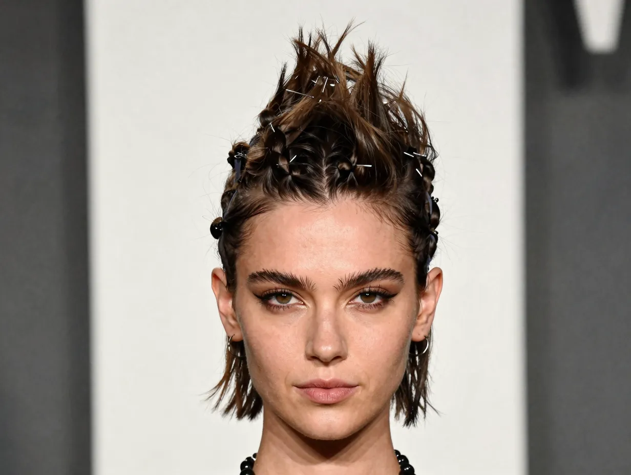 Edgy half mohawk with braided temples and voluminous center section