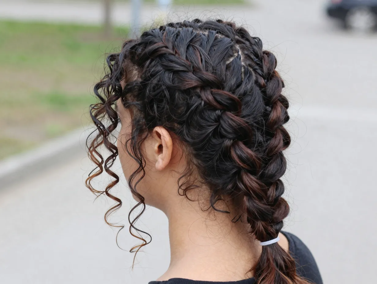 Full textured side braid on curly hair with loose front pieces