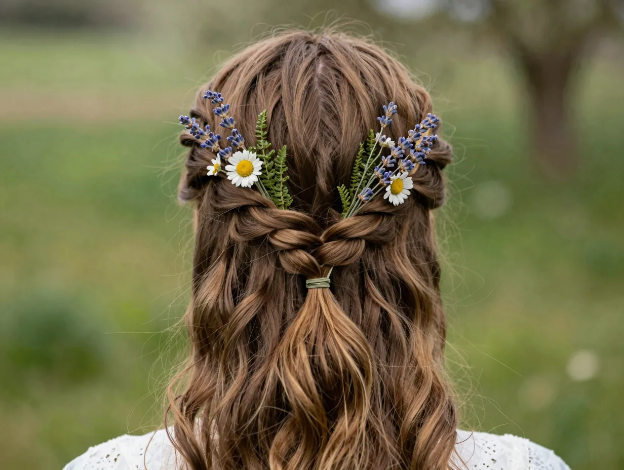 Milkmaid braid with pressed flower clips vintage cottagecore spring