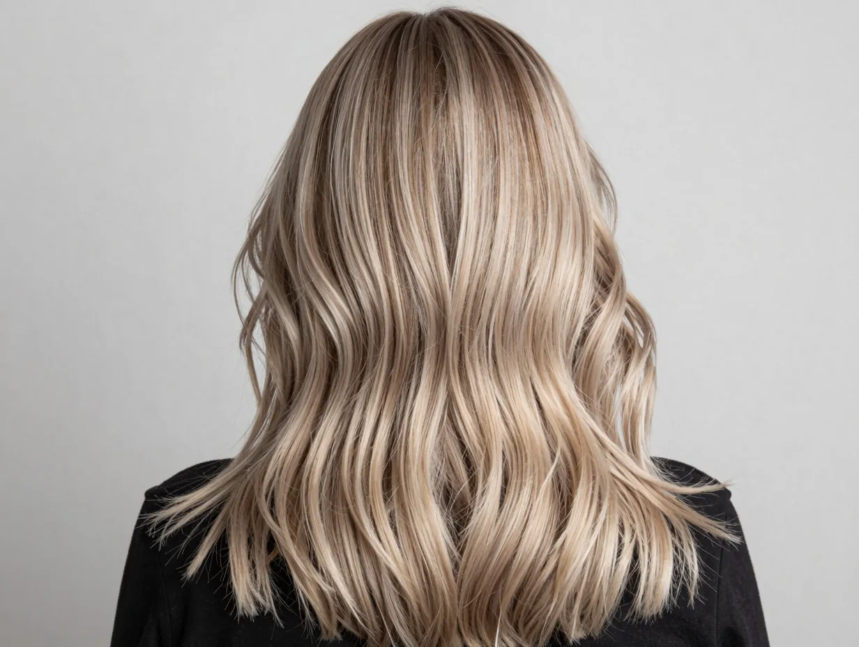 Muted cool blonde babylights on mushroom brown base dimension