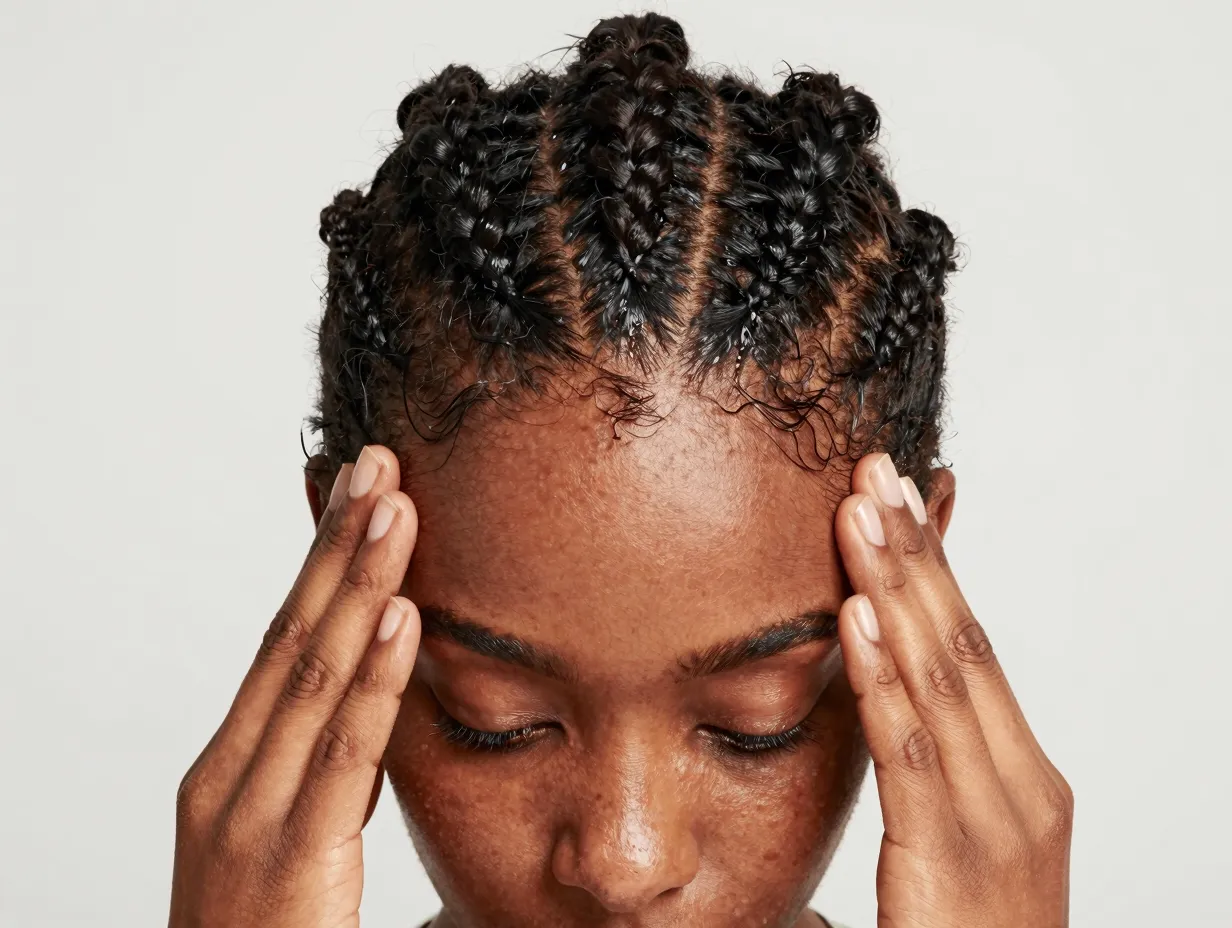Short natural slicked ponytail pomade on braided afro texture