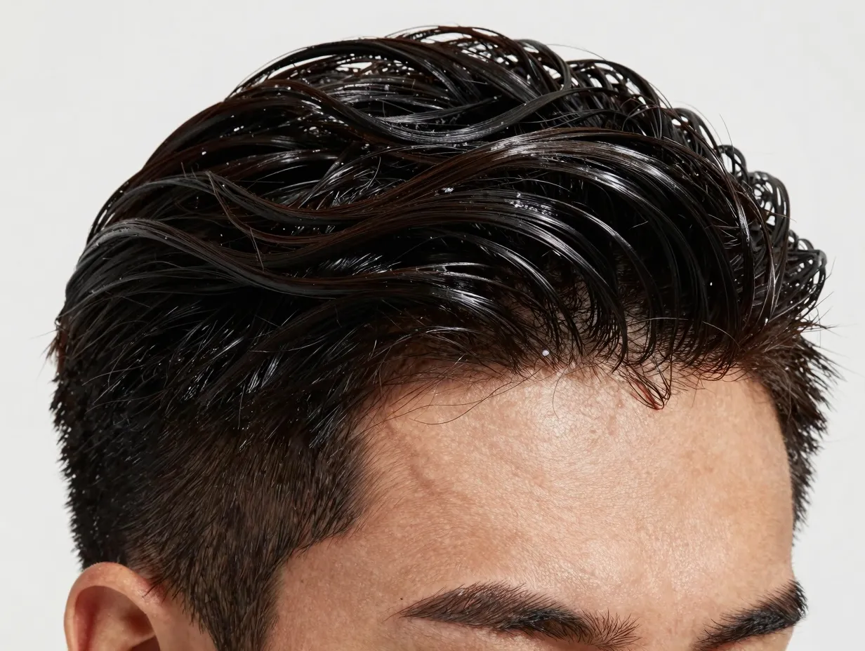 Slicked side part with mirror smooth high shine finish on short hair