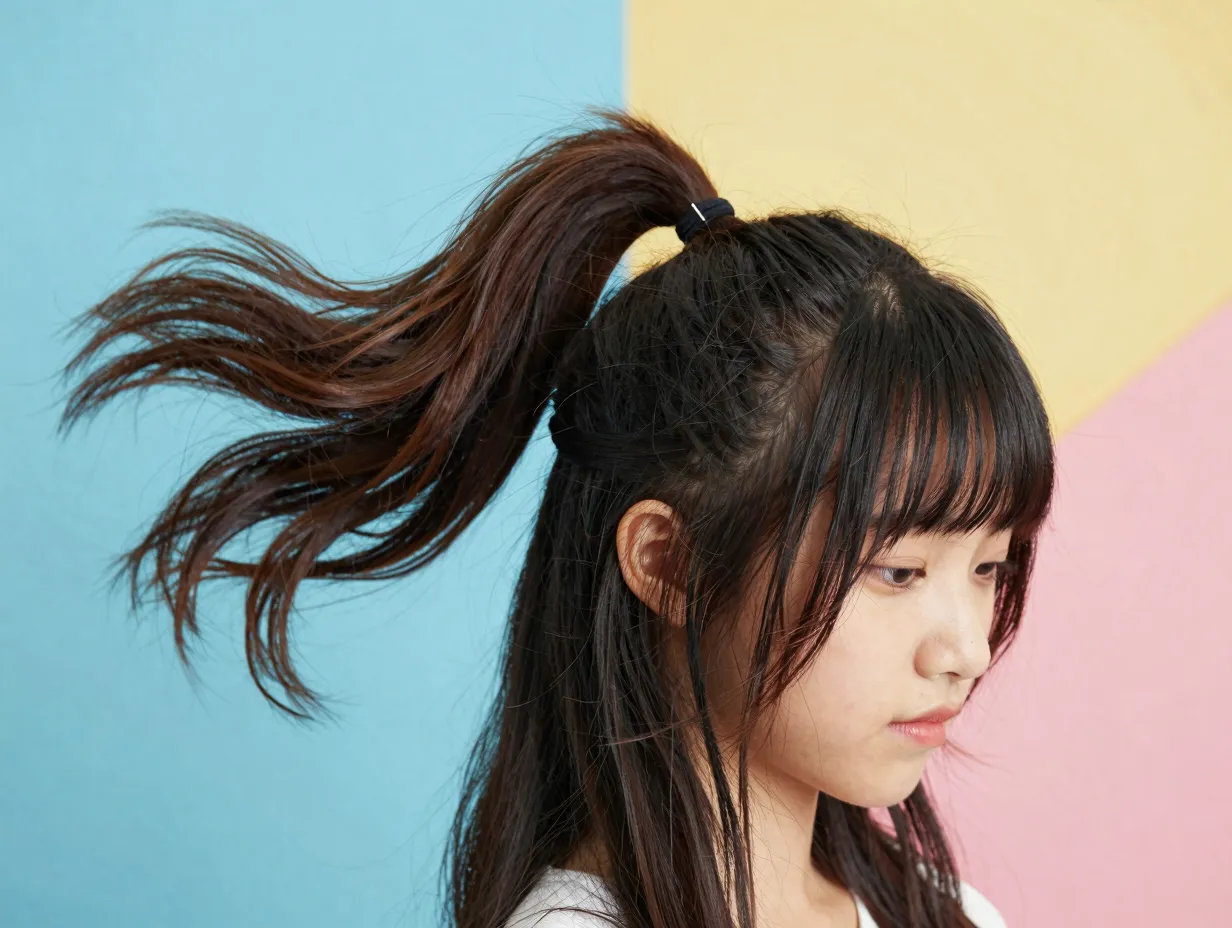 Youthful fun layered ponytail hairstyle with face framing curtain bangs