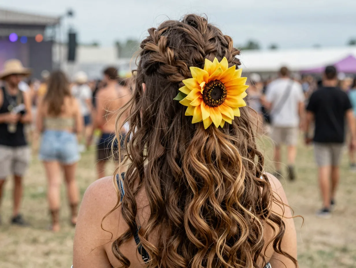 Boho half up braid with oversized flower clip wavy casual festival