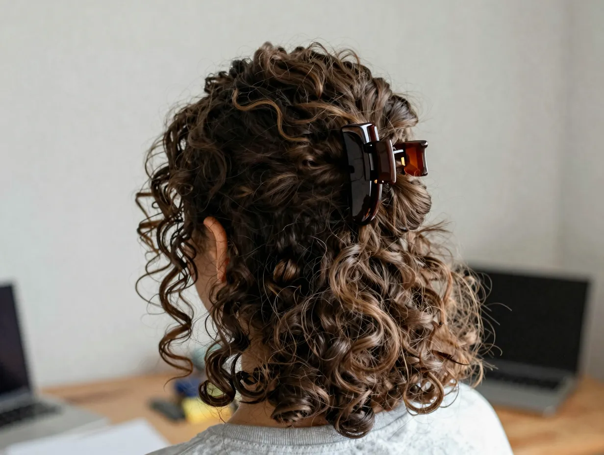 Effortless large claw clip updo with natural falling curly pieces