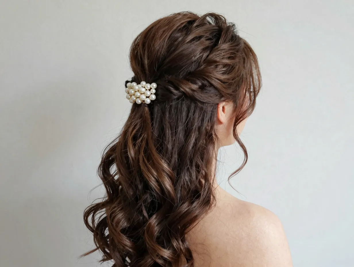 Half up side part with voluminous top section and decorative pearl clip