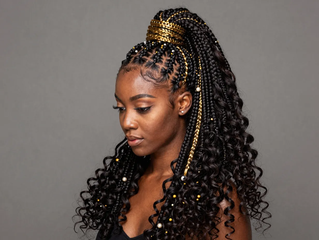 High sleek goddess braided ponytail crown braids gold thread