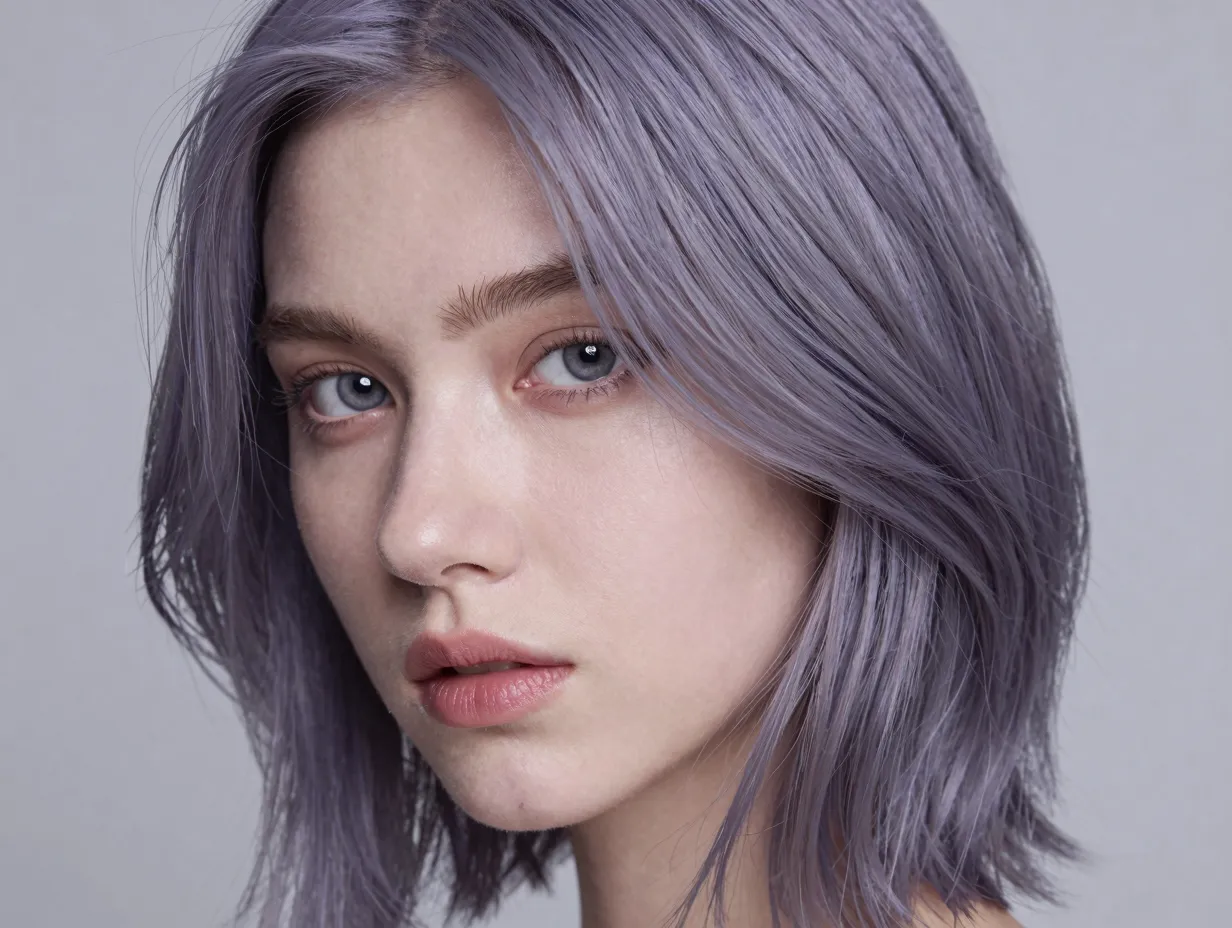 Lavender ash hair with subtle purple cast on cool toned model