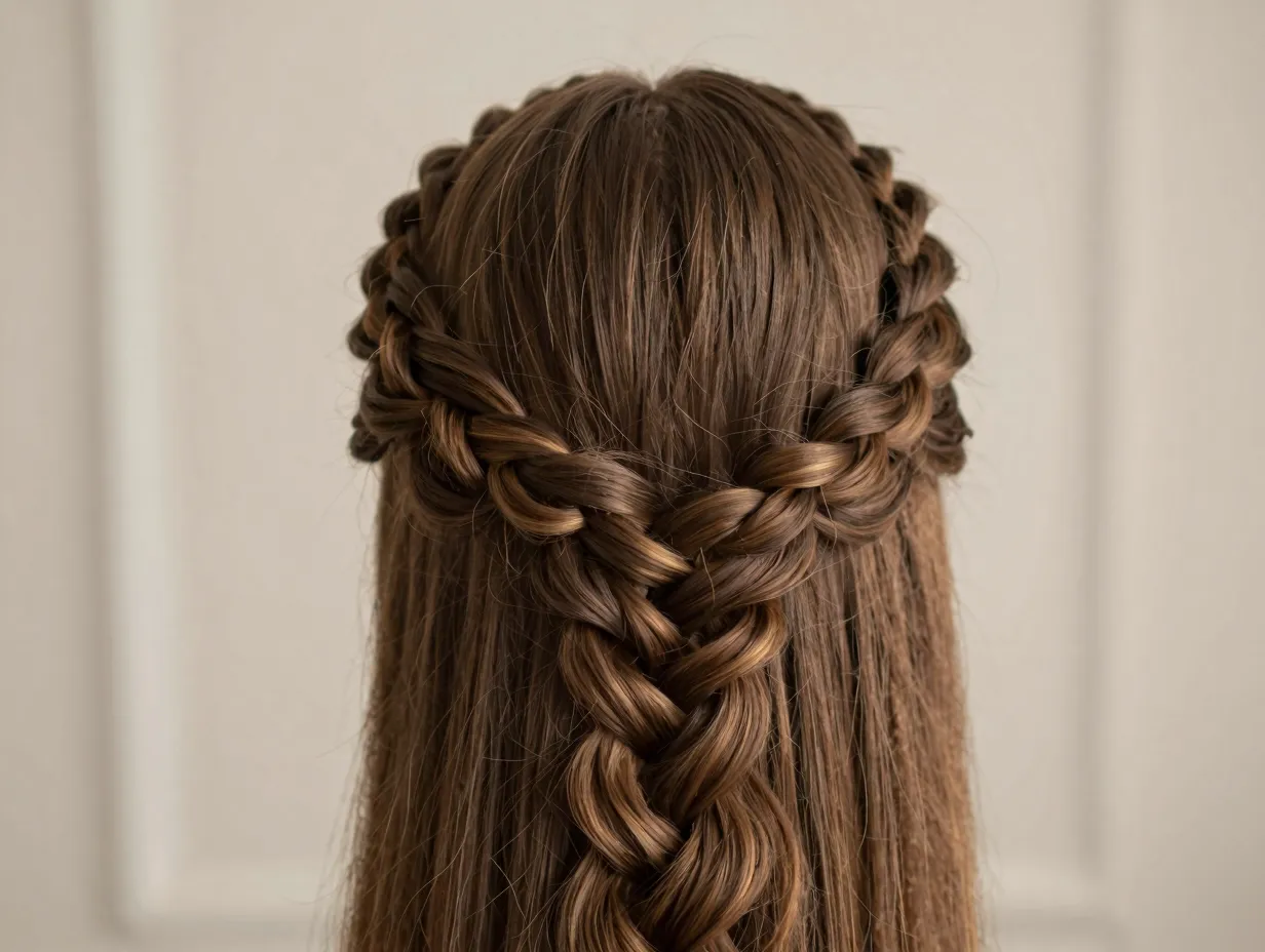 Regal romantic special occasion braided crown halo hairstyle