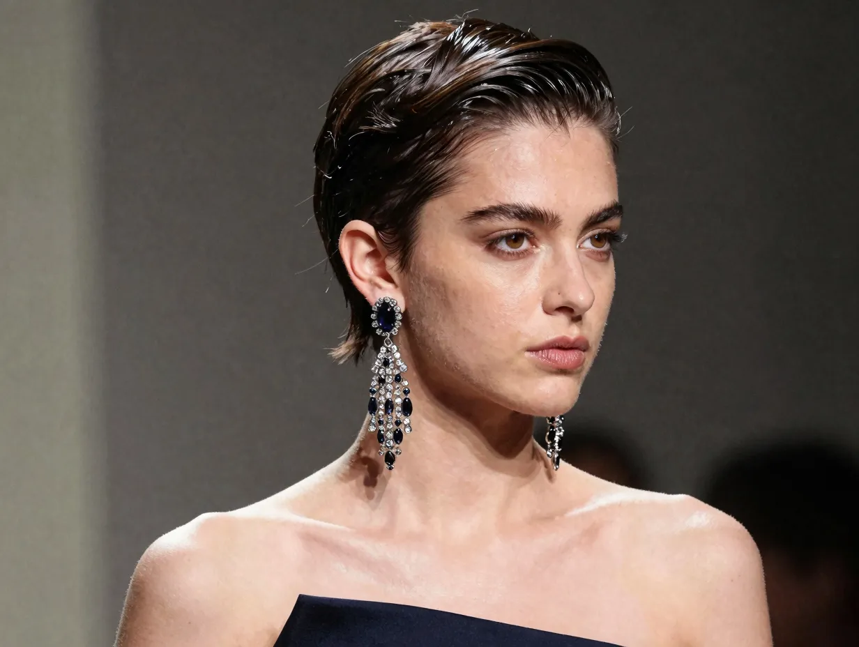 Slicked back pixie with shine enhancing gel and bold chandelier earrings