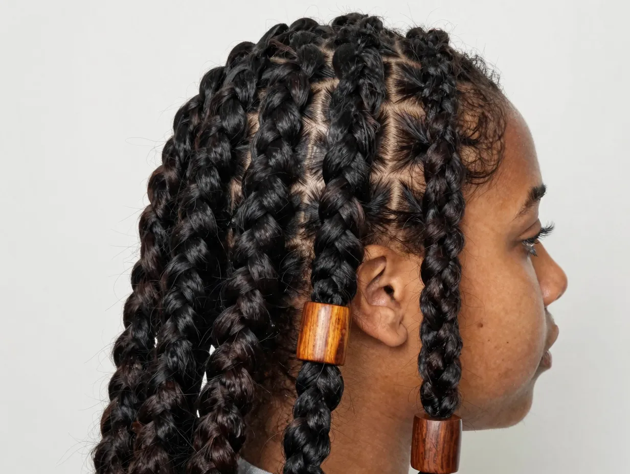 Three thick jumbo cornrows straight back chunky wooden bead