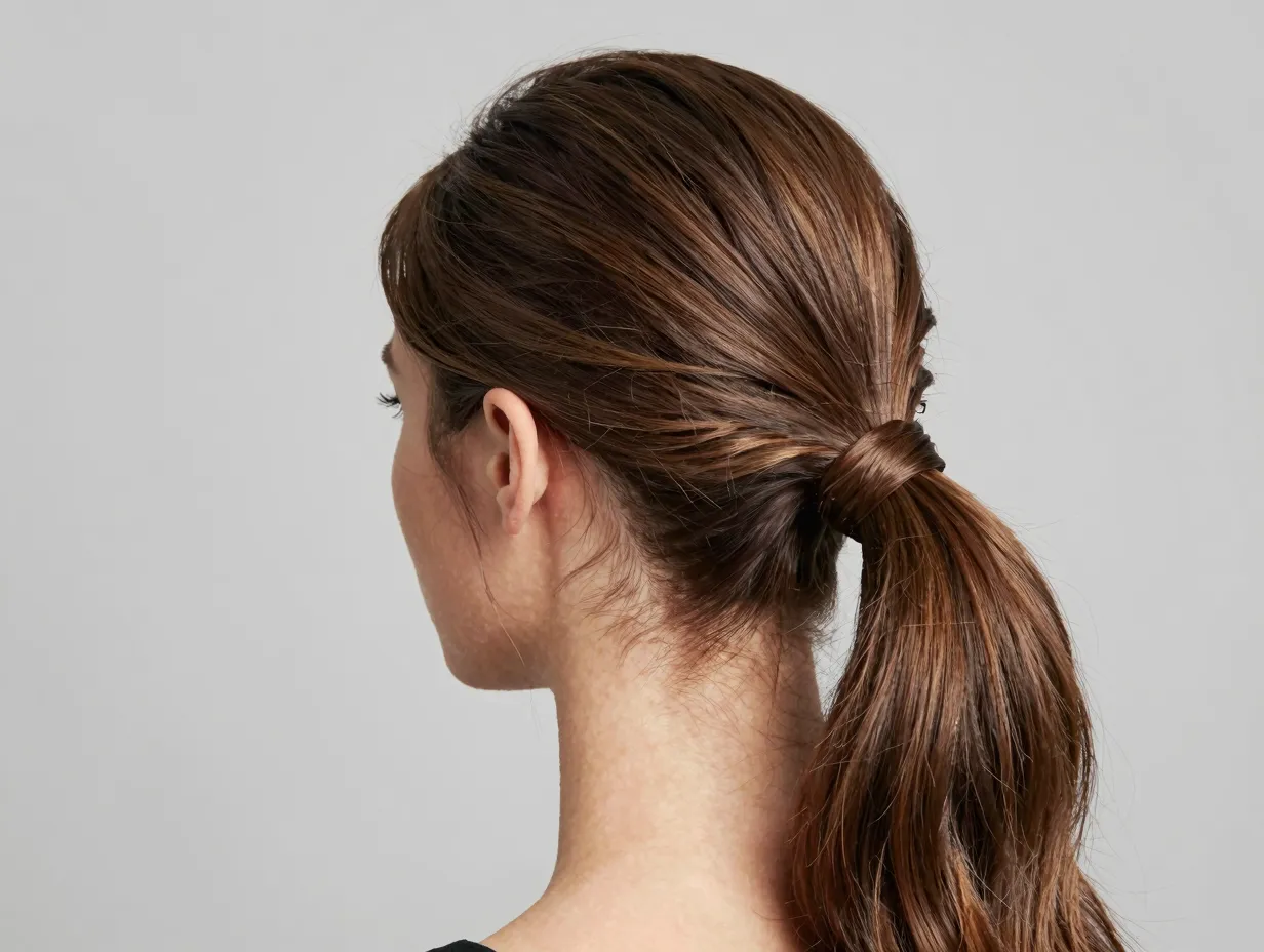 Modern sleek textured low ponytail with a half pull through twist
