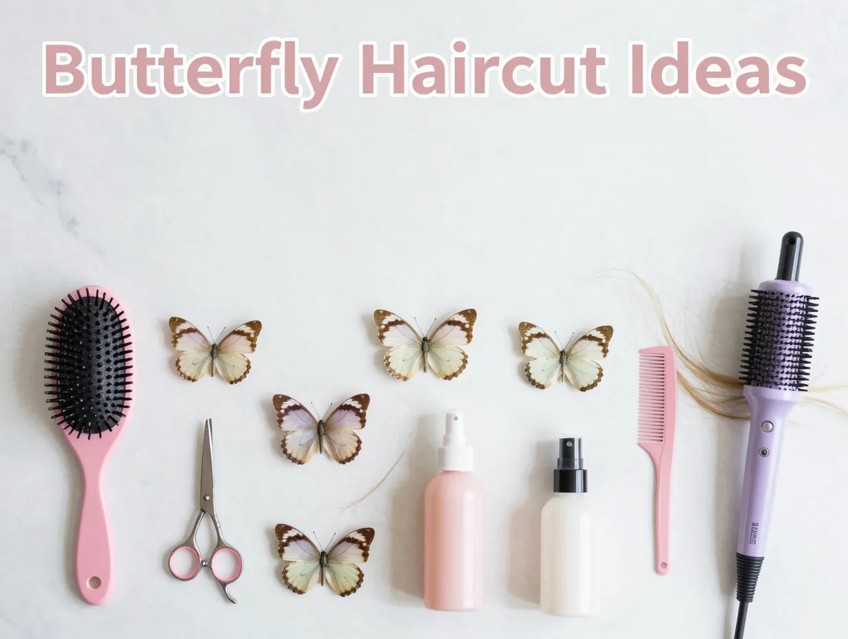 Eight butterflies styling tools hair strands marble beauty editorial