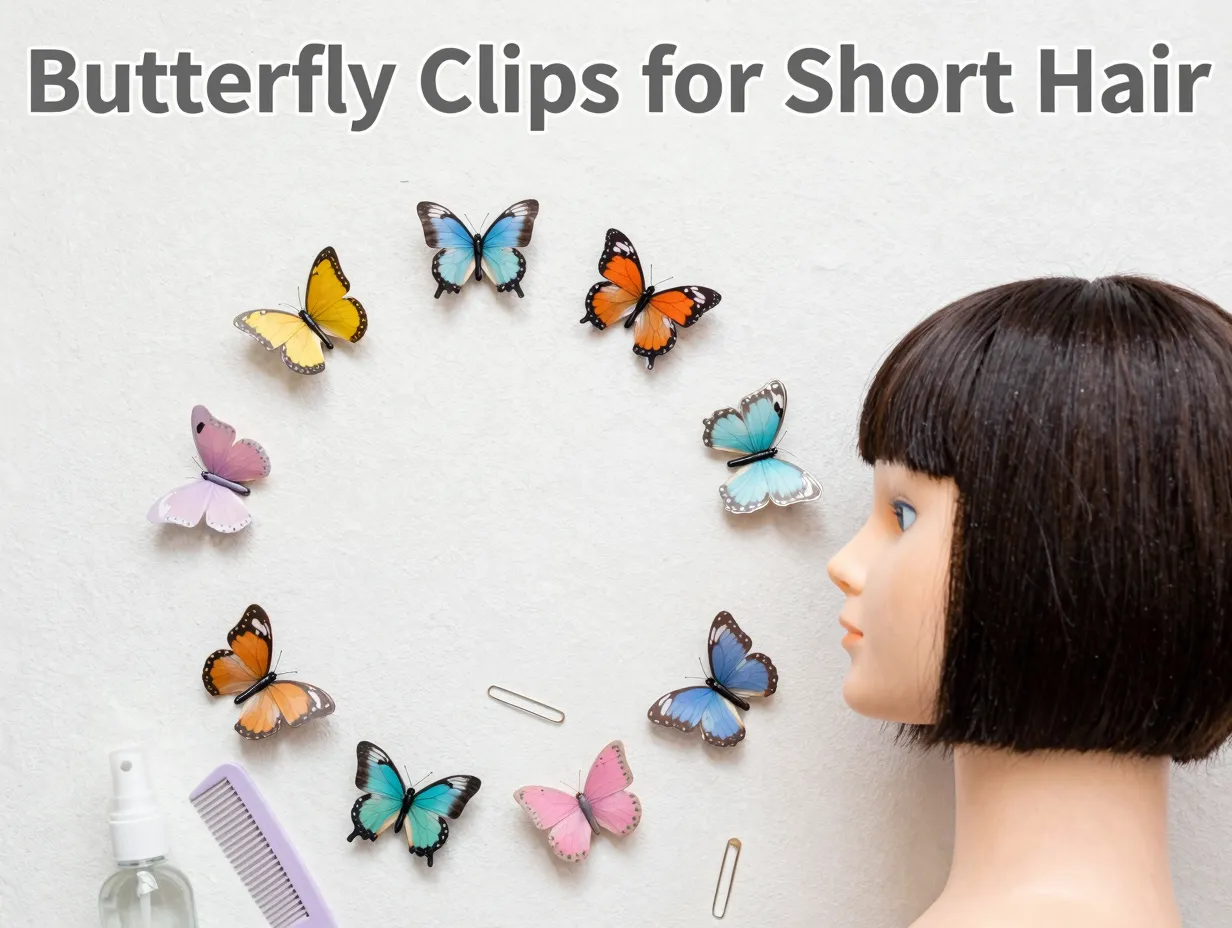 Eight colorful butterfly clips lay on textured surface bob mannequin