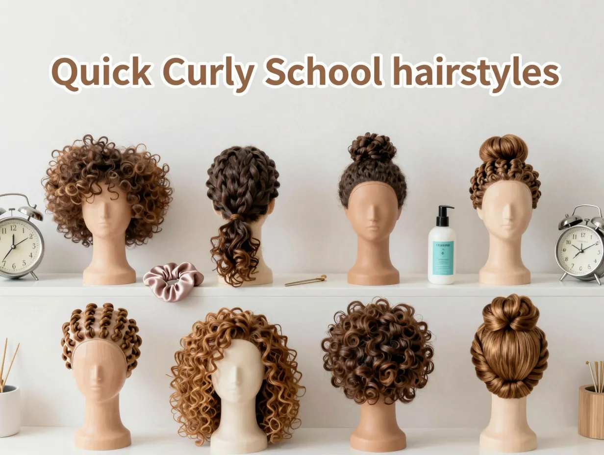 Eight quick curly school hairstyles flat lay with clock and products
